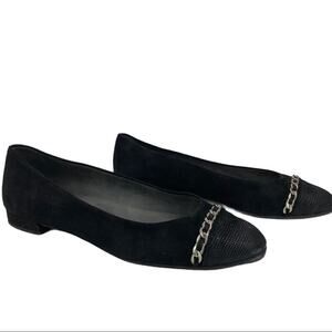 Stuart Weitzman Legacy Cap Toe Ballet Loafers Flat Black Suede Chain Accent  6